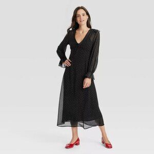 Women's Long Sleeve Sheer Maxi Dress - A New Day Black White Polka Dot S